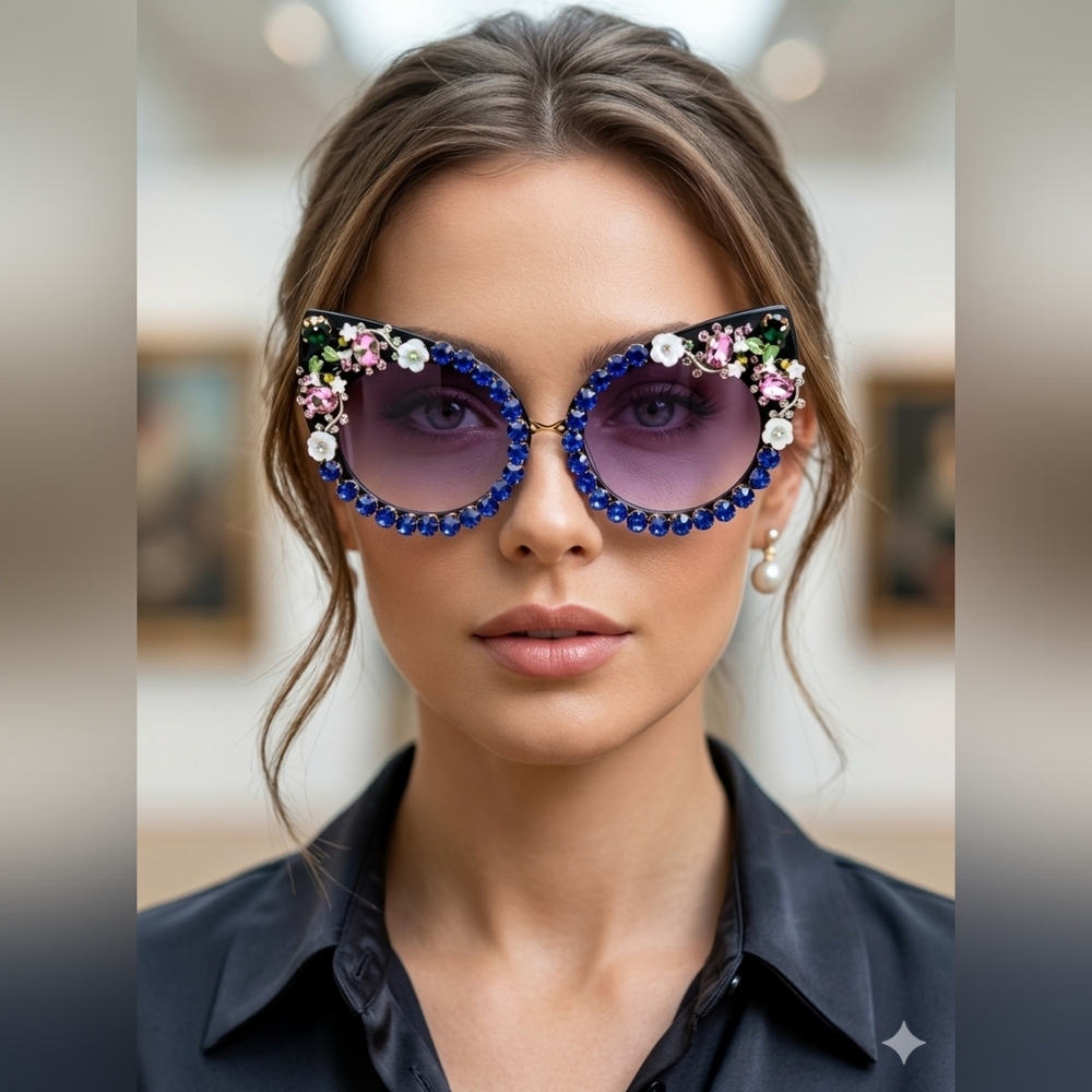SUNGLASSES💙Blue 😻Cat Eye Encrusted Sunglasses